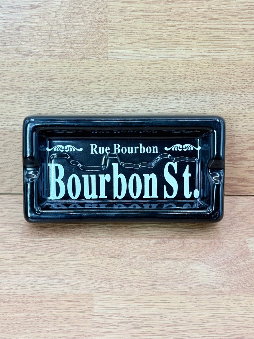 Rue Bourbon Bourbon Street, New Orleans Black Ashtray 2 Port Rectangle